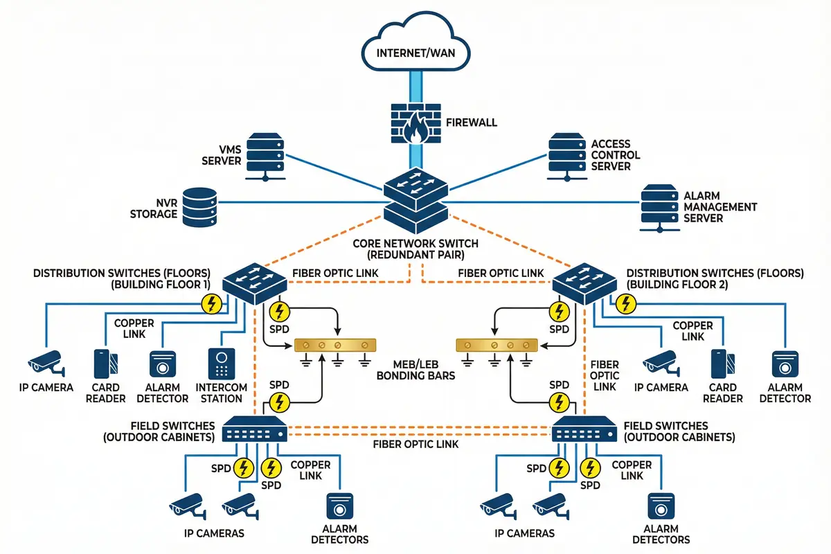 Typical Security System Network Topology with Lightning Protection